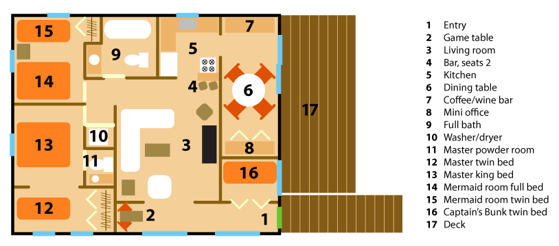 Graphic Floor Plan of Mermaid Cove beach rental